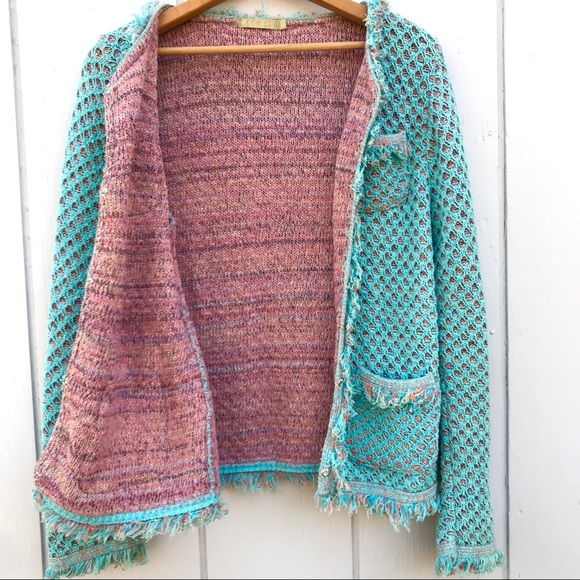 Relais Knitwear Turquoise and Lavender Fringe Cardigan - Picture 10 of 11